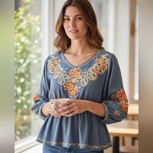 ​Savanna Jane Blue Floral Embroidered Boho Peasant Top 1X